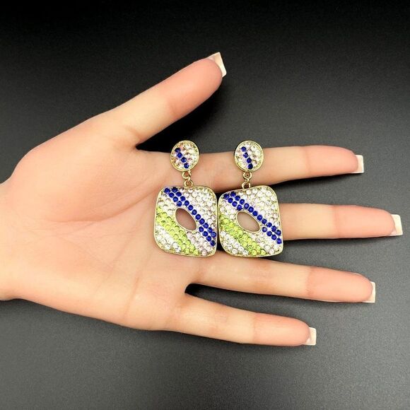 Yellow Gold with Multicolor Crystal Geometric Retro Drop Post Back Earrings - Picture 8 of 8